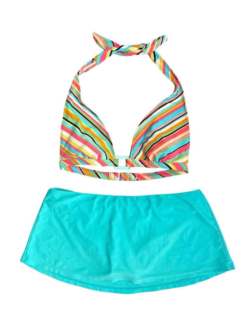 Y2K 2000s Retro Striped Halter Bikini Top & Blue Swim Skirt